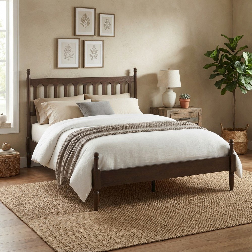 Solid Wood King Size Platform Bed Frame with Spindle Headboard, Dark Roast Oak