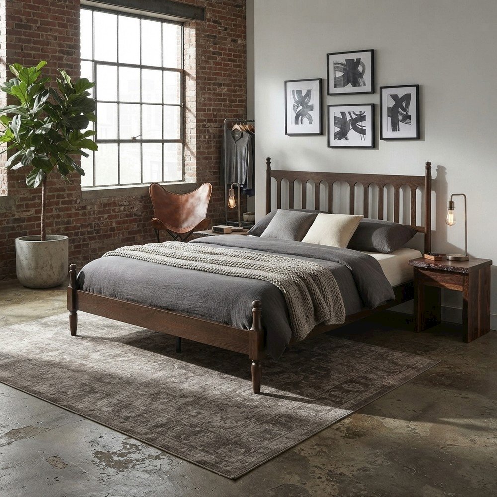 Solid Wood King Size Platform Bed Frame with Spindle Headboard, Dark Roast Oak