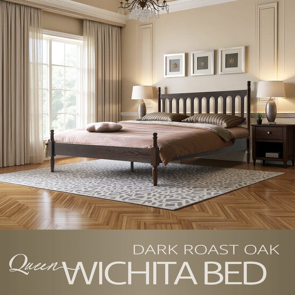 Queen Wooden Platform Bed Frame, Dark Roast Oak Finish, Traditional Style