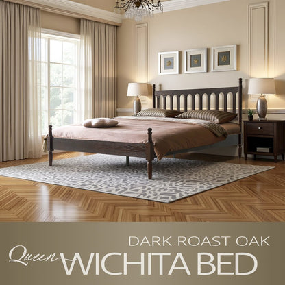 Queen Wooden Platform Bed Frame, Dark Roast Oak Finish, Traditional Style