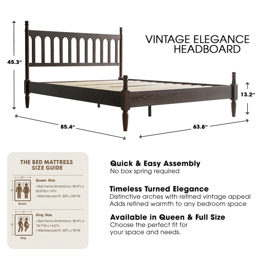 Queen Wooden Platform Bed Frame, Dark Roast Oak Finish, Traditional Style