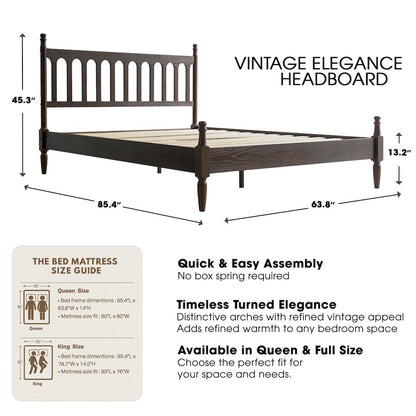 Queen Wooden Platform Bed Frame, Dark Roast Oak Finish, Traditional Style