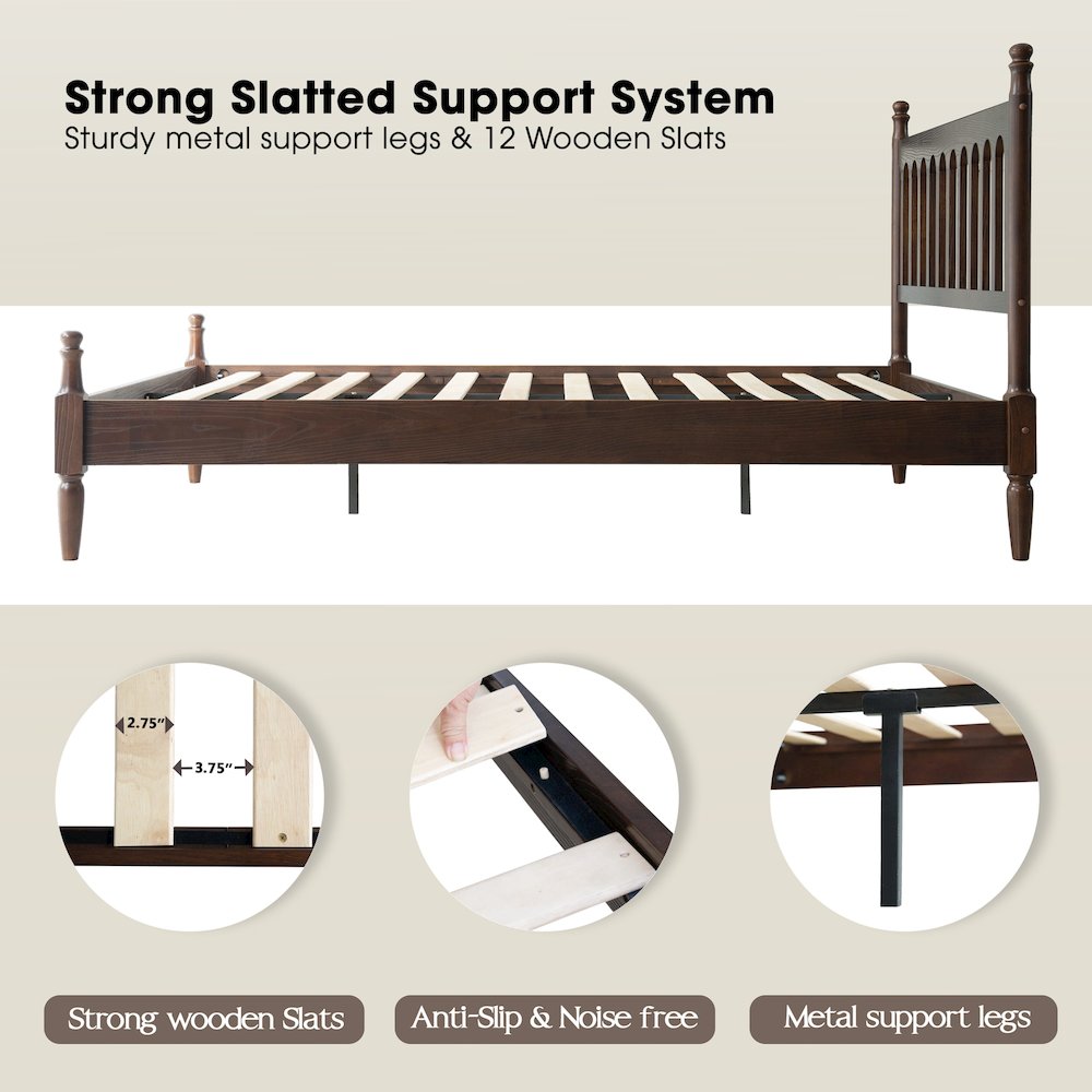 Queen Wooden Platform Bed Frame, Dark Roast Oak Finish, Traditional Style