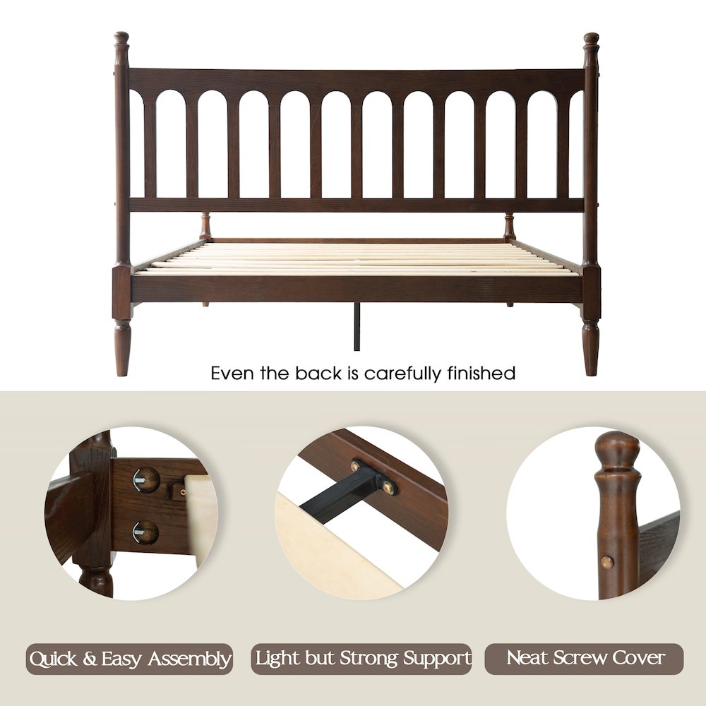 Queen Wooden Platform Bed Frame, Dark Roast Oak Finish, Traditional Style