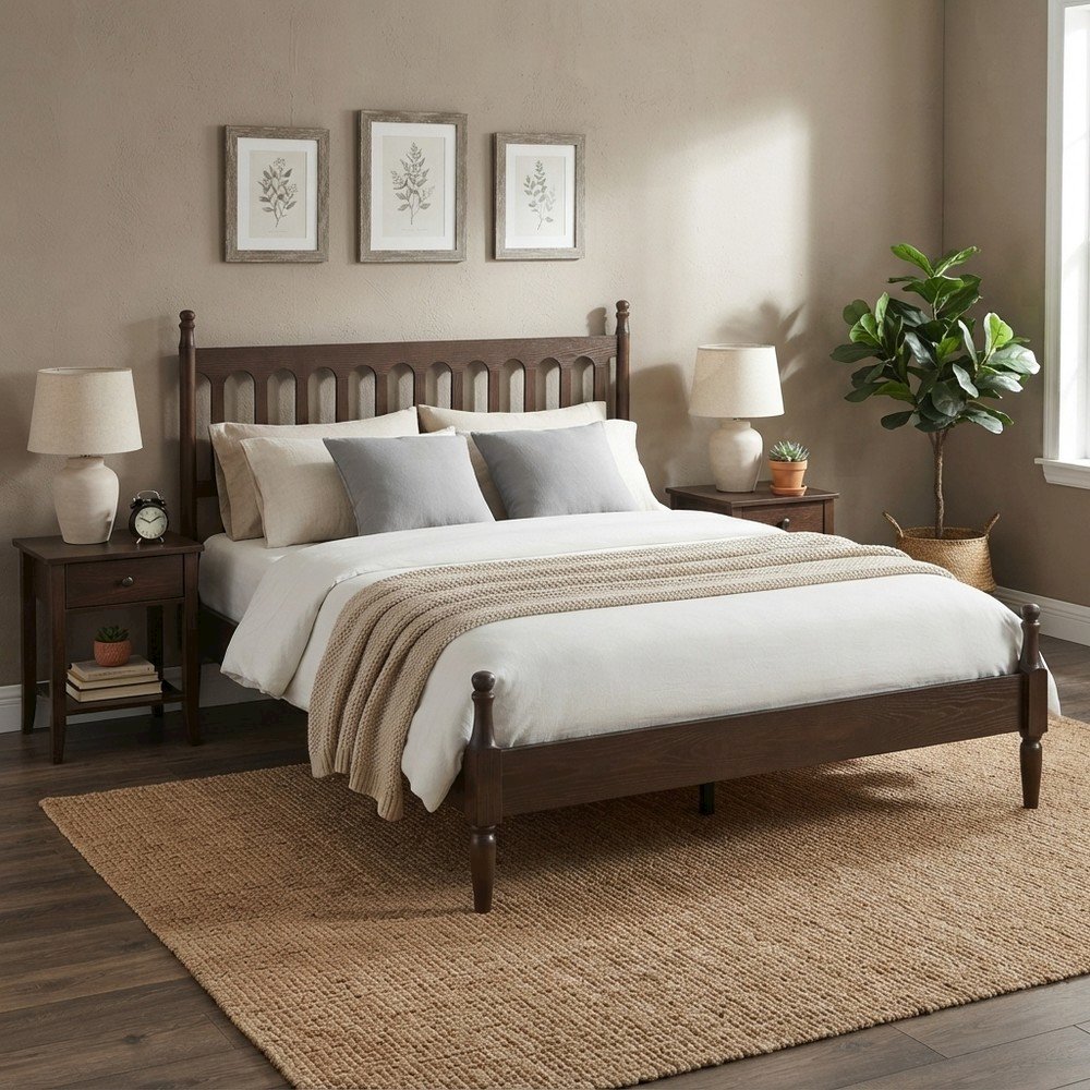 Solid Wood King Platform Bed Frame with Headboard, No Box Spring, Dark Roast Oak