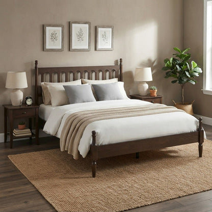 Solid Wood King Platform Bed Frame with Headboard, No Box Spring, Dark Roast Oak