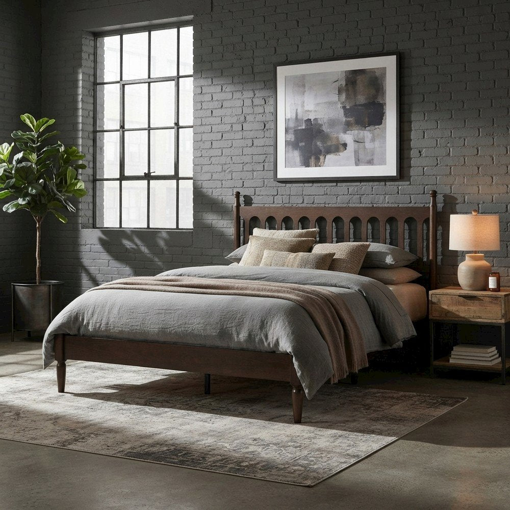 Solid Wood King Platform Bed Frame with Headboard, No Box Spring, Dark Roast Oak