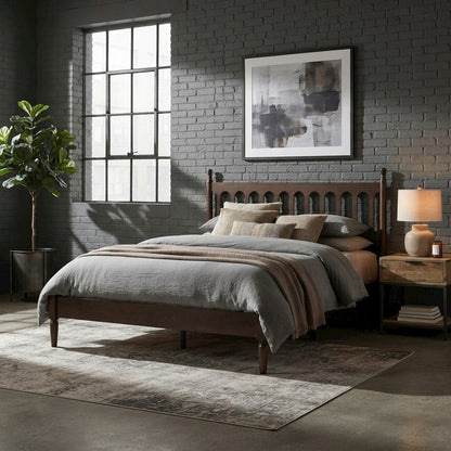 Solid Wood King Platform Bed Frame with Headboard, No Box Spring, Dark Roast Oak