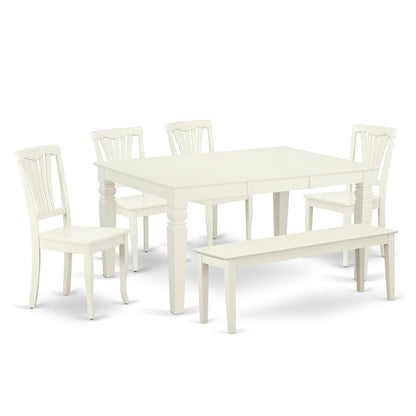 East West Furniture – 6-Pieces Kitchen Table Set - 1 Modern Rectangular Table and 4 wooden Dining Room Chairs with One Dining Bench – Linen White Finish