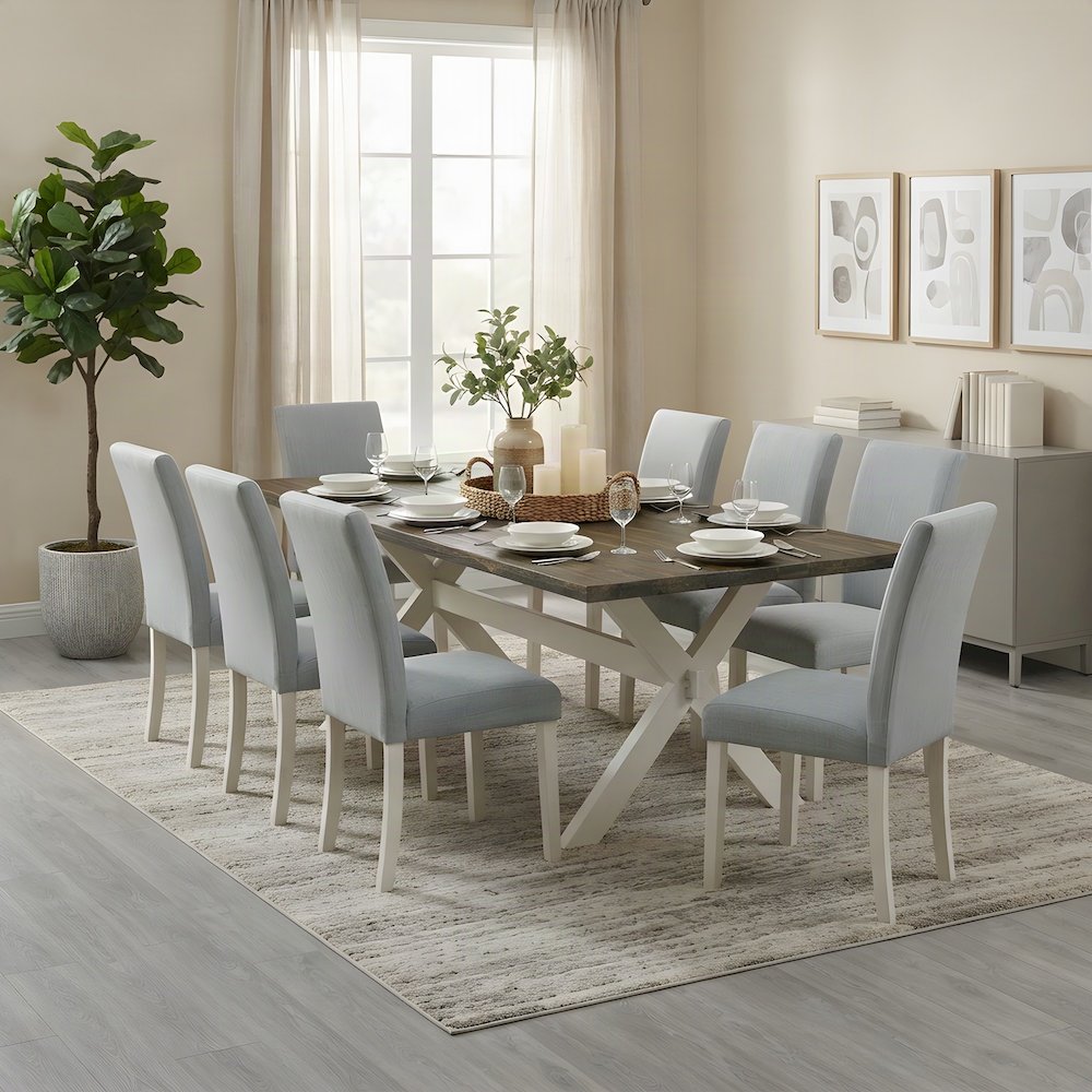 Wooden Kitchen Table and Chairs with Upholstered High-Back Seats, 9 Piece Set