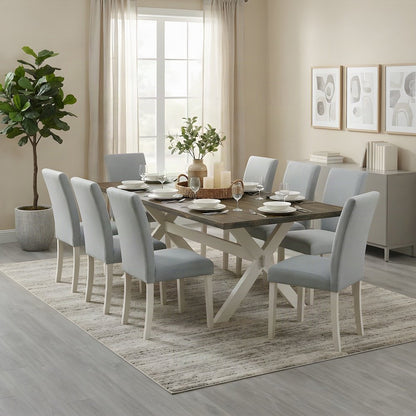 Wooden Kitchen Table and Chairs with Upholstered High-Back Seats, 9 Piece Set