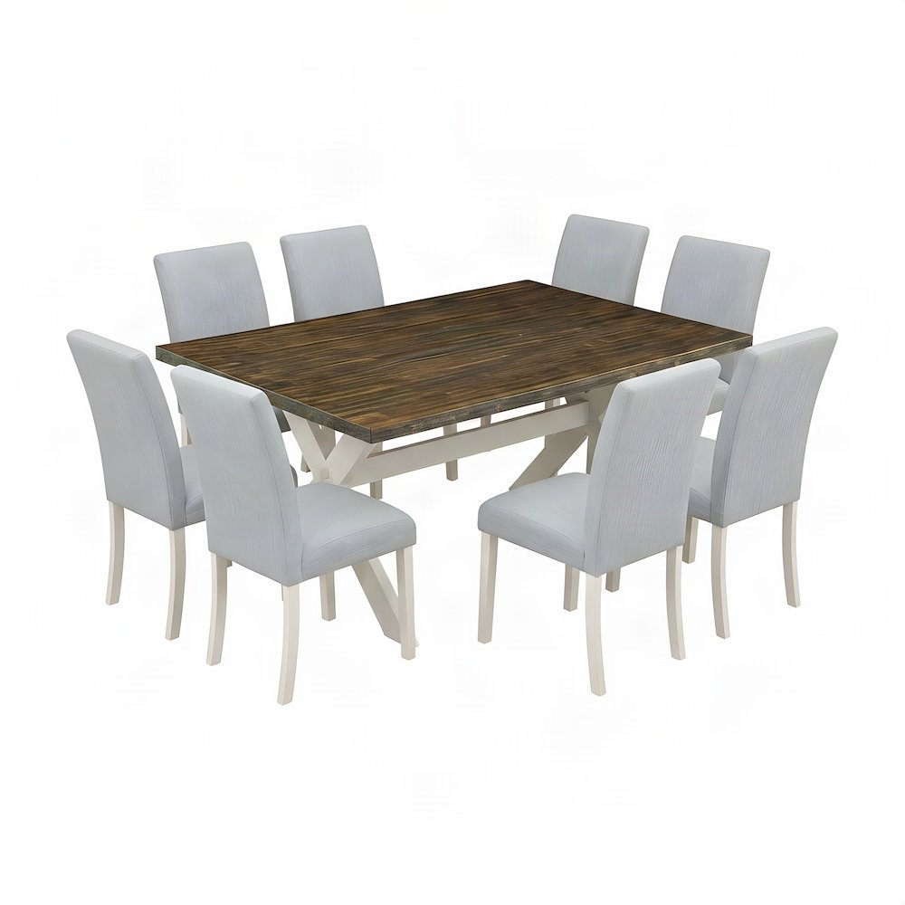 Wooden Kitchen Table and Chairs with Upholstered High-Back Seats, 9 Piece Set