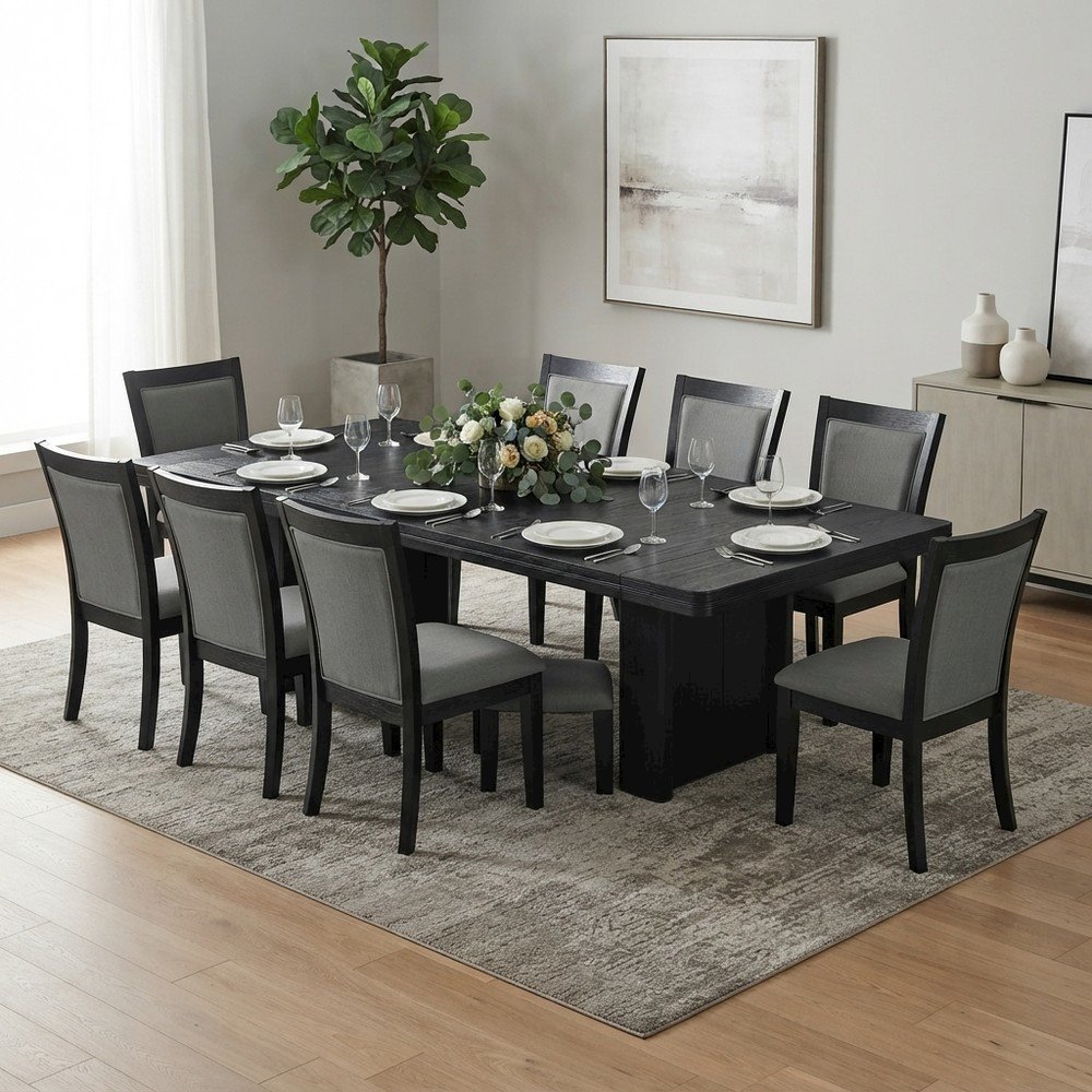 Solid Wood Dining Table with Chairs, 13 Piece Set, Wire Brushed Black