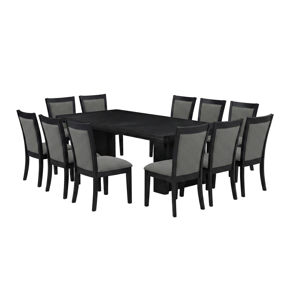 Solid Wood Dining Table with Chairs, 13 Piece Set, Wire Brushed Black