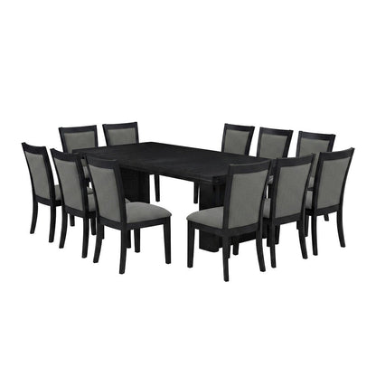Solid Wood Dining Table with Chairs, 13 Piece Set, Wire Brushed Black