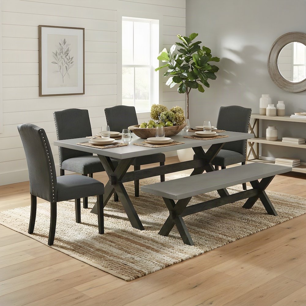 Solid Wood Dining Table with Bench and Parsons Chairs, 6 Piece Set