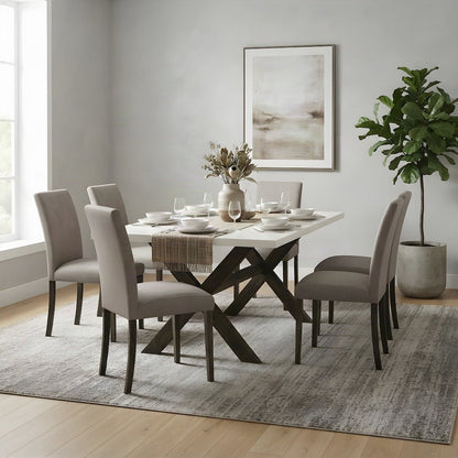 Wood Dining Table Set with Upholstered Mid-Century Chairs for 6