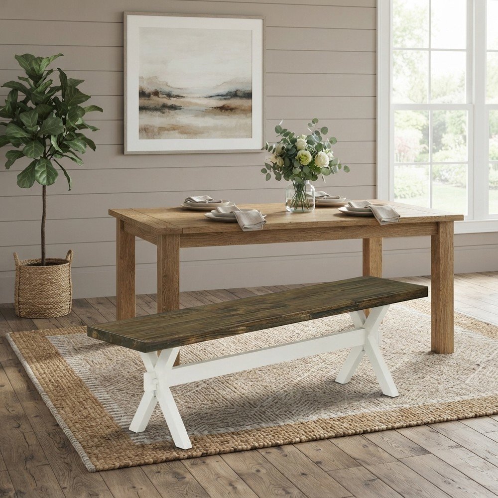 Mid-Century Modern Long Solid Wood Dining Bench, Farmhouse Style