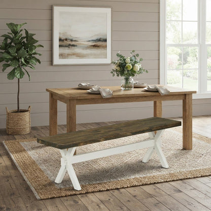 Mid-Century Modern Long Solid Wood Dining Bench, Farmhouse Style