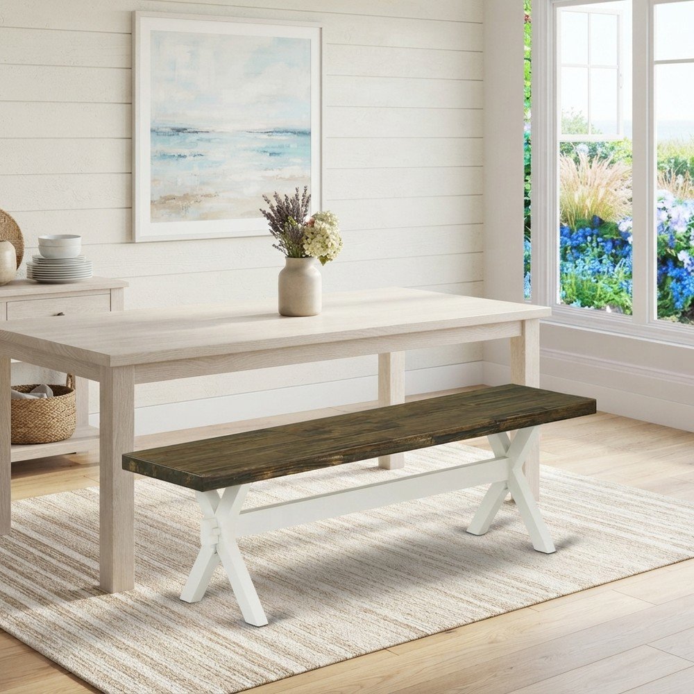 Mid-Century Modern Long Solid Wood Dining Bench, Farmhouse Style