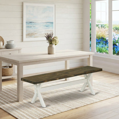 Mid-Century Modern Long Solid Wood Dining Bench, Farmhouse Style