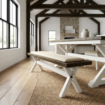 Wooden Dining Bench with X-Style Base for Kitchen and Dining Room, Brown/White