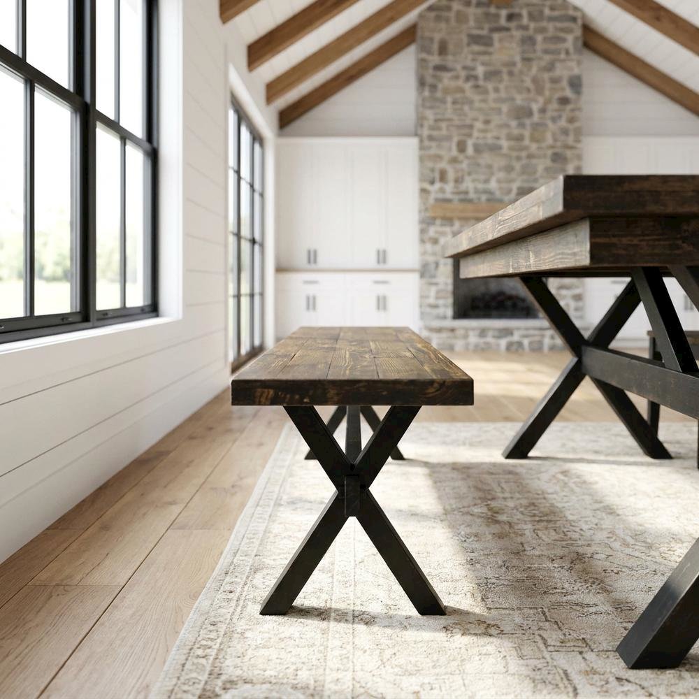 Rubberwood Dining Bench with X-Style Base and Wooden Seat for Dining Room, Black