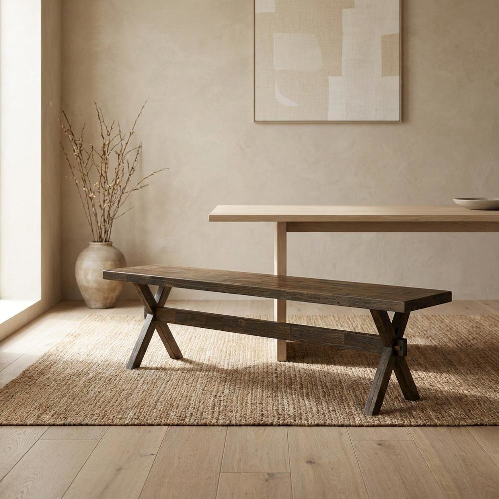 Solid Wood Dining Bench with X-Style Base for Dining Room, Brown/Brown