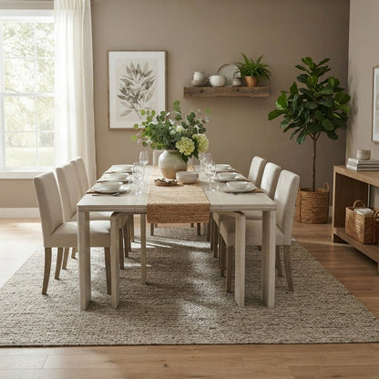 Solid Wood Extendable Rectangular Dining Table with Leaf, Antique White Finish