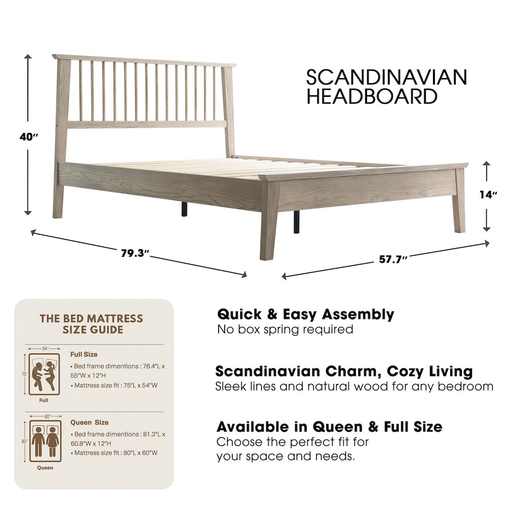 Full Wooden Platform Bed Frame, Driftwood Gray Oak Finish, Morden Style