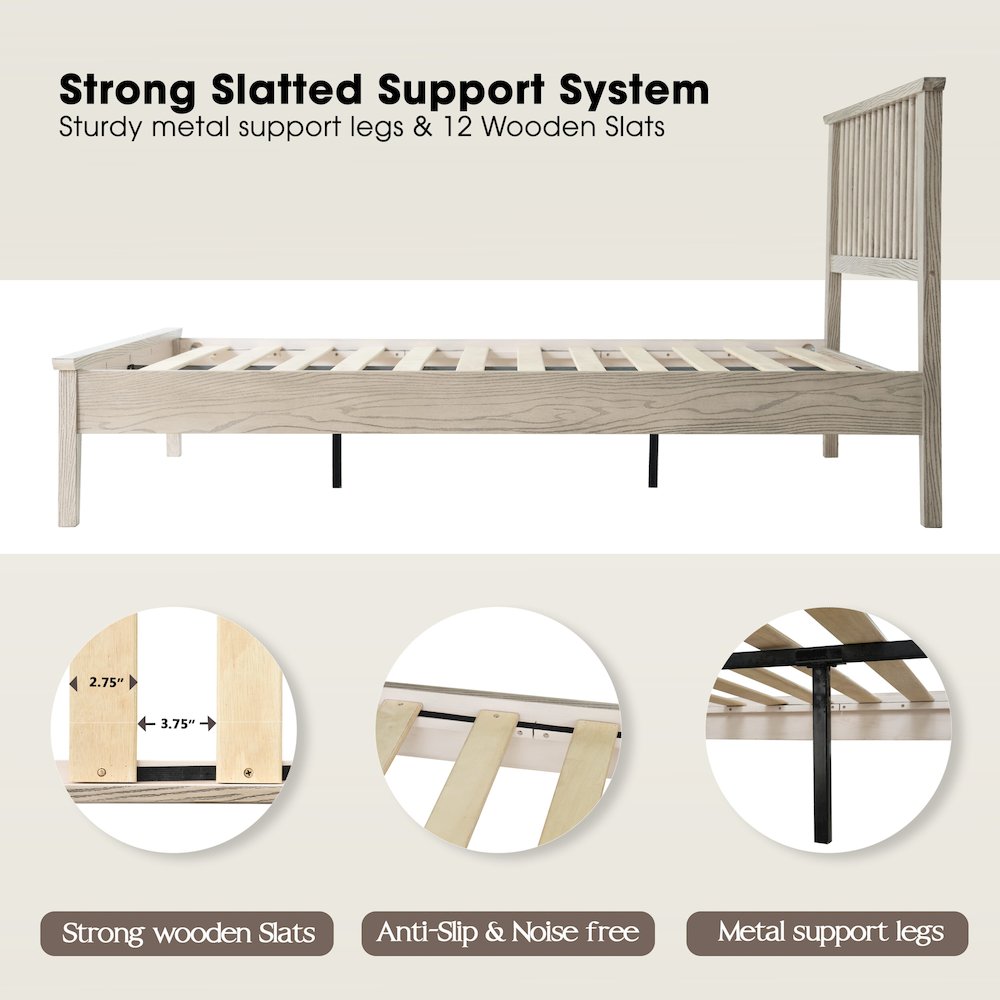 Full Wooden Platform Bed Frame, Driftwood Gray Oak Finish, Morden Style