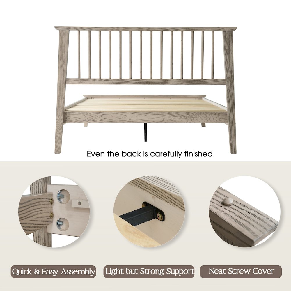 Full Wooden Platform Bed Frame, Driftwood Gray Oak Finish, Morden Style