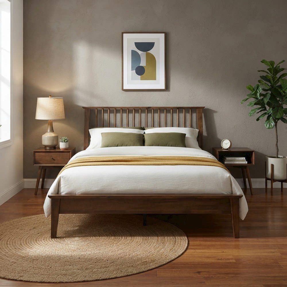 Solid Wood Full Size Platform Bed Frame with Headboard and Footboard, Walnut