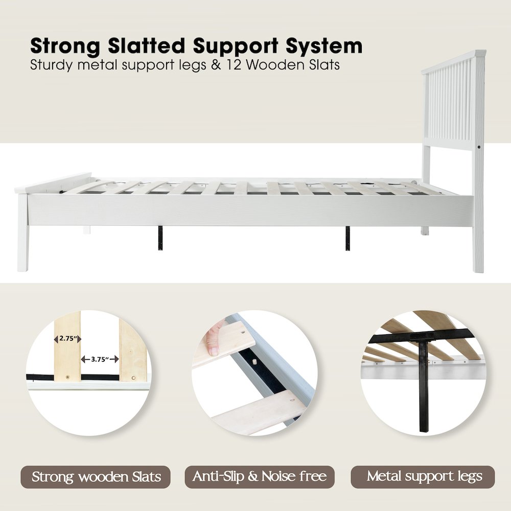 Queen Wooden Platform Bed Frame, Pure White Finish, Morden Style