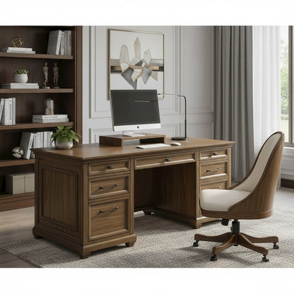 Wood Double Pedestal Desk, 7 Drawers, Locking File, Brown