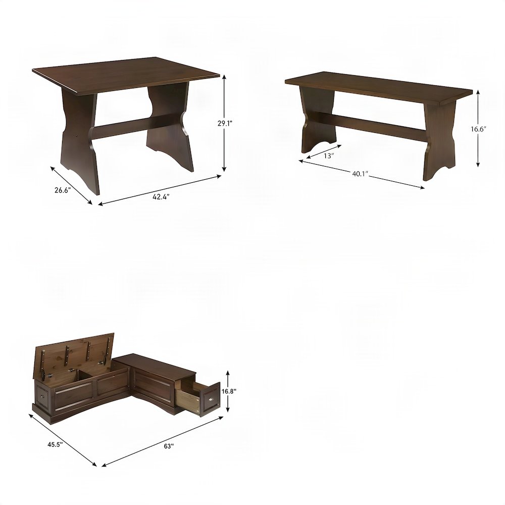 Pine Corner Bench Dining Nook with L-Shaped Banquette Storage, Brown