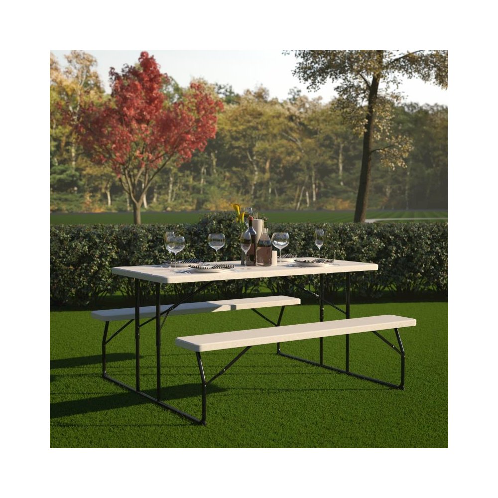 White Wood Grain Folding Picnic Table and Benches - 4.5 Foot Folding Table