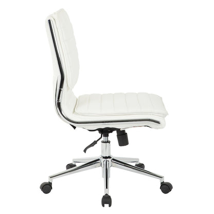 Armless Mid Back Manager's Faux Leather Chair in White with Chrome Base.