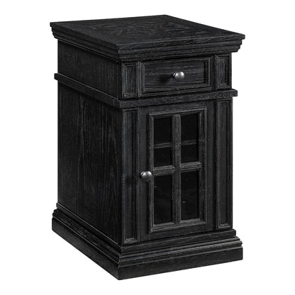 Chair Side Table with 1 Drawer and 1 Glass Door with Power Strip in Black Finish