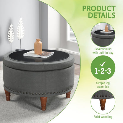 Alloway Storage Ottoman in Charcoal Fabric with Antique Bronze Nailheads