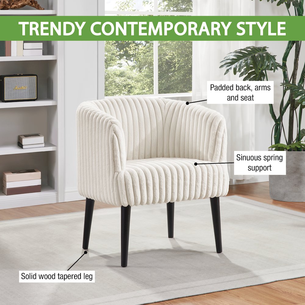 Rachel Accent Chair In White Cord Fur Fabric With Black Legs