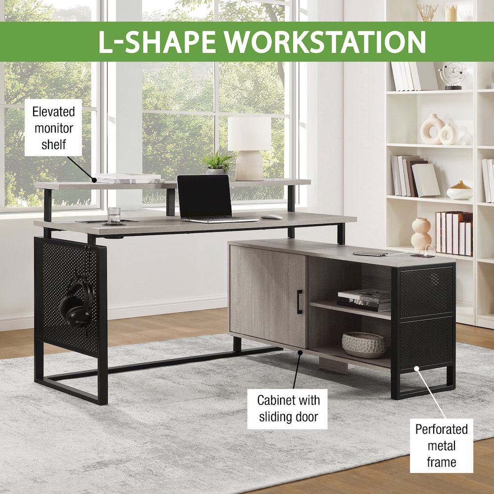 Ace 60"x 50" L-Shape Desk in Grey Taupe Top and Matte Black Frame