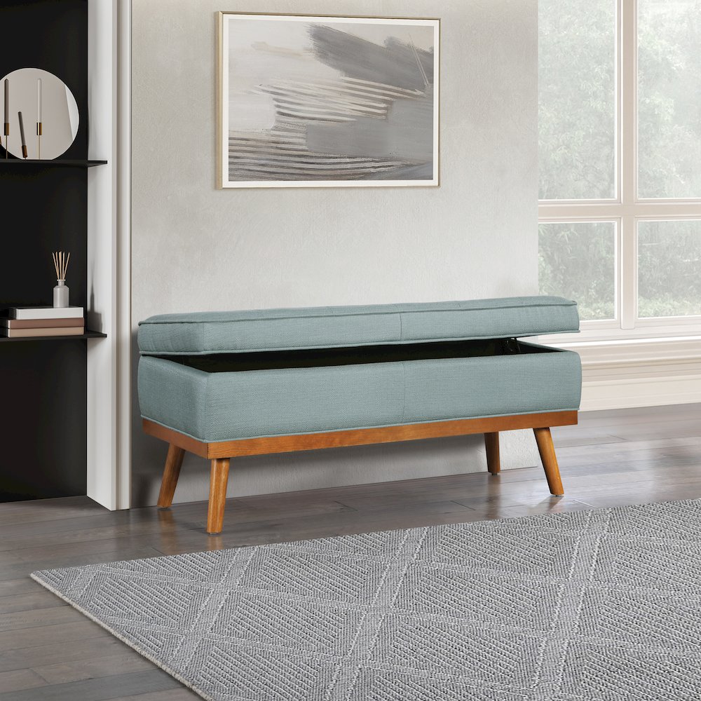 Katheryn Storage Bench in Sea Blue Fabric with Spice Finish Legs