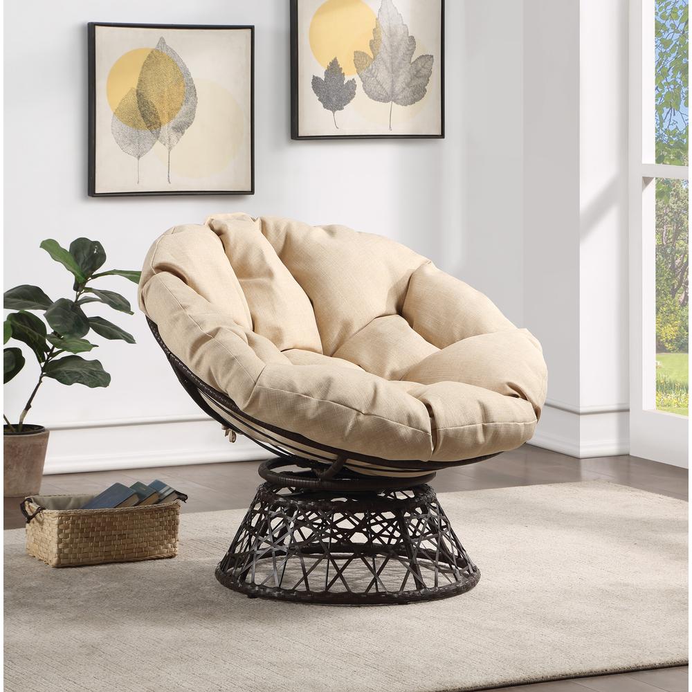 Papasan Chair with Cream Round Pillow Cushion and Brown Wicker Weave, BF29296BR-M52