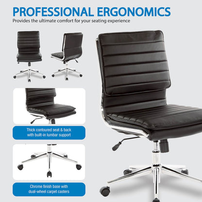 Armless Mid Back Manager's Faux Leather Chair in Black with Chrome Base.