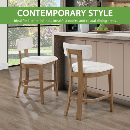 Hanson 26" Counter Stool with Linen Fabric and Medium Oak Wood, 2-Pack