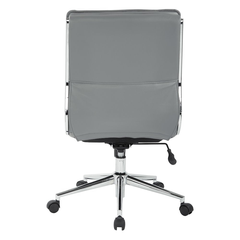 Armless Mid Back Manager's Faux Leather Chair in Charcoal with Chrome Base.