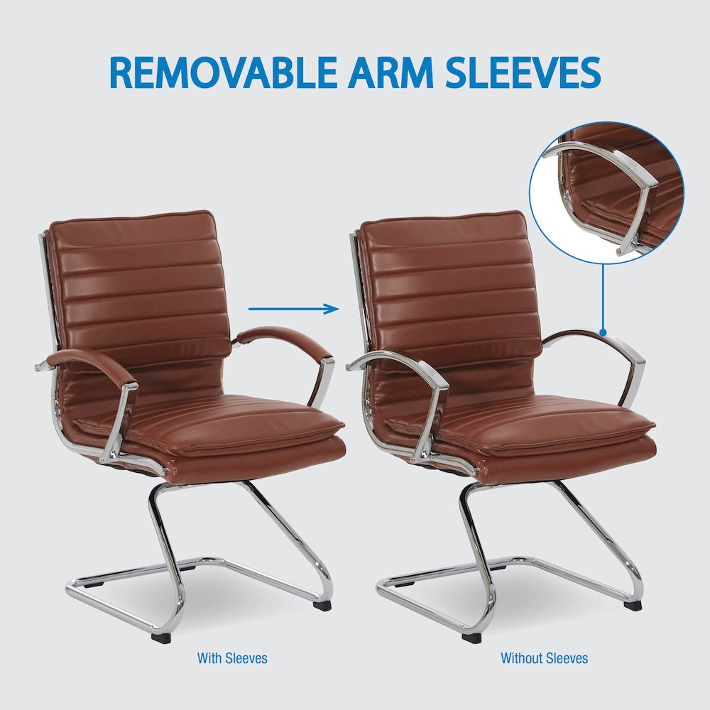 Guest Faux Leather Chair in Saddle with Chrome Base, Removable Arms