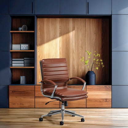 Mid-Back Manager's Chair in Saddle Faux Leather, Chrome Arms & Base
