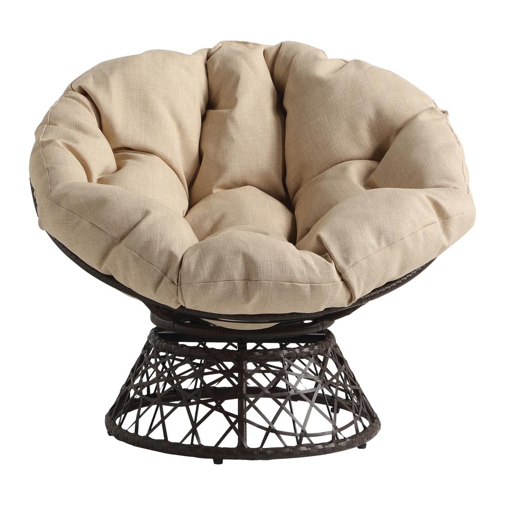 Papasan Chair with Cream Round Pillow Cushion and Brown Wicker Weave, BF29296BR-M52